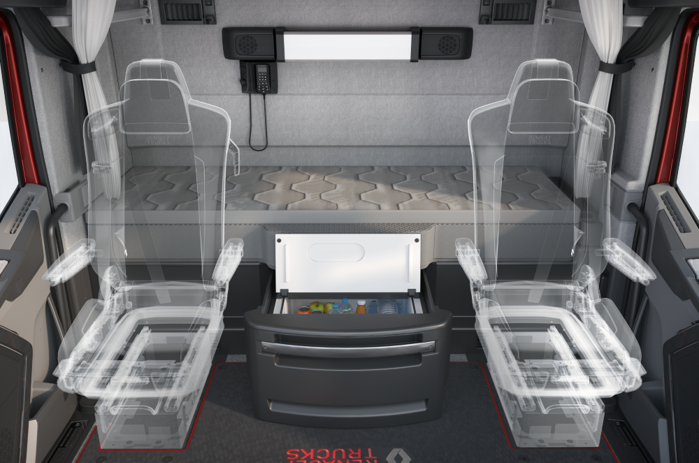 Grafika pokazująca siedzenia modułowe w kabinie Renault T-High